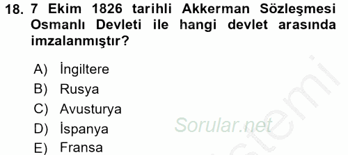 Osmanlı Tarihi (1789-1876) 2016 - 2017 Ara Sınavı 18.Soru