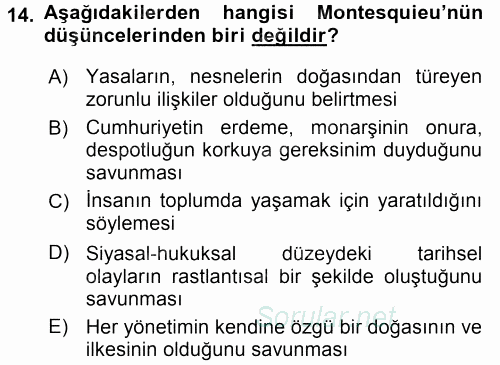 Siyasi Düşünceler Tarihi 2016 - 2017 Dönem Sonu Sınavı 14.Soru