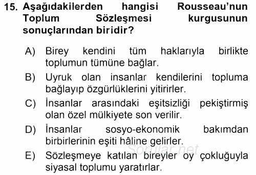 Siyasi Düşünceler Tarihi 2016 - 2017 Dönem Sonu Sınavı 15.Soru