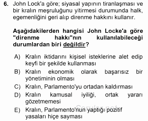 Siyasi Düşünceler Tarihi 2016 - 2017 Dönem Sonu Sınavı 6.Soru