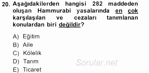 Eski Mezopotamya ve Mısır Tarihi 2013 - 2014 Ara Sınavı 20.Soru