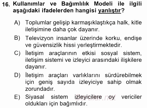 İletişim Kuramları 2017 - 2018 Ara Sınavı 16.Soru