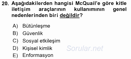 İletişim Kuramları 2017 - 2018 Ara Sınavı 20.Soru