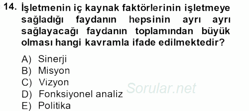 Kalite Yönetim Sistemleri 2014 - 2015 Dönem Sonu Sınavı 14.Soru