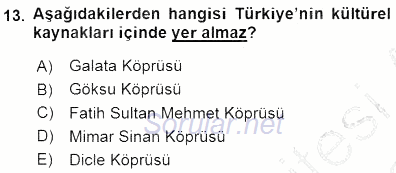 Turizm Coğrafyası 2015 - 2016 Dönem Sonu Sınavı 13.Soru