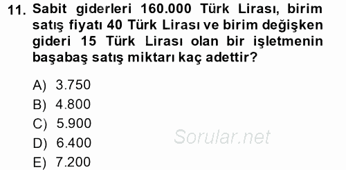 Finansal Yönetim 1 2014 - 2015 Tek Ders Sınavı 11.Soru