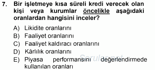 Finansal Yönetim 1 2014 - 2015 Tek Ders Sınavı 7.Soru