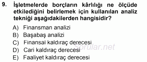 Finansal Yönetim 1 2014 - 2015 Tek Ders Sınavı 9.Soru