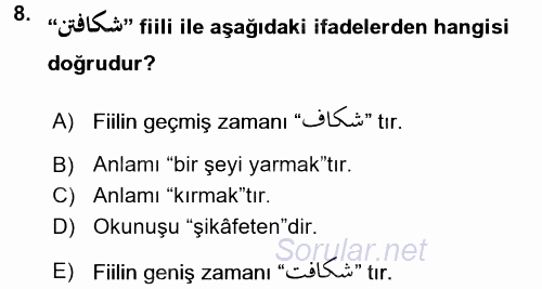 Osmanlı Türkçesi Grameri 2 2016 - 2017 Ara Sınavı 8.Soru