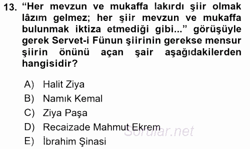 II. Abdülhamit Dönemi Türk Edebiyatı 2016 - 2017 3 Ders Sınavı 13.Soru