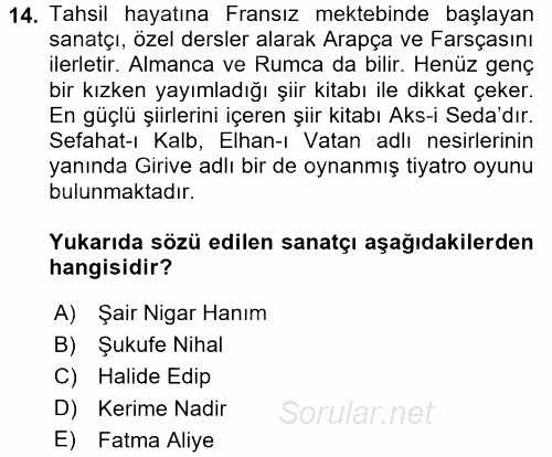 II. Abdülhamit Dönemi Türk Edebiyatı 2016 - 2017 3 Ders Sınavı 14.Soru