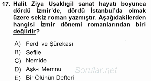 II. Abdülhamit Dönemi Türk Edebiyatı 2016 - 2017 3 Ders Sınavı 17.Soru