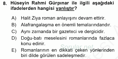 II. Abdülhamit Dönemi Türk Edebiyatı 2016 - 2017 3 Ders Sınavı 8.Soru