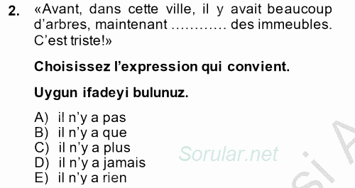 Fransızca 2 2014 - 2015 Dönem Sonu Sınavı 2.Soru