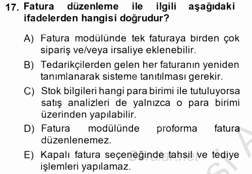 Ön Muhasebe Yazılımları Ve Kullanımı 2014 - 2015 Ara Sınavı 17.Soru