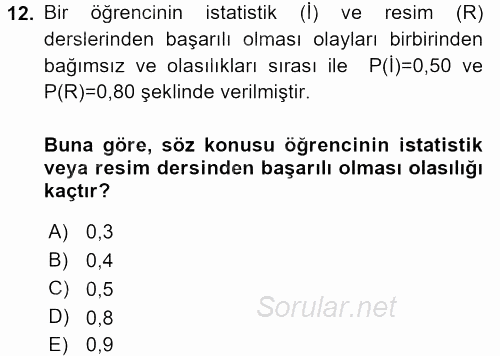 İstatistik 1 2016 - 2017 3 Ders Sınavı 12.Soru