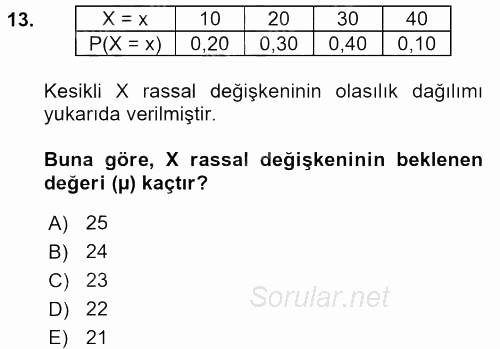 İstatistik 1 2016 - 2017 3 Ders Sınavı 13.Soru