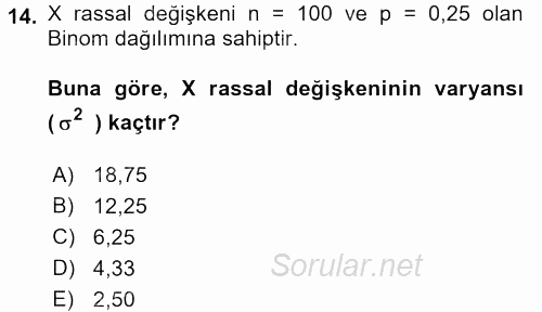 İstatistik 1 2016 - 2017 3 Ders Sınavı 14.Soru