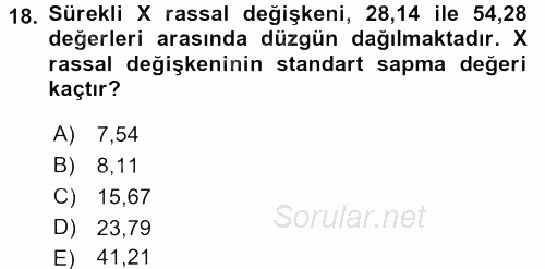 İstatistik 1 2016 - 2017 3 Ders Sınavı 18.Soru