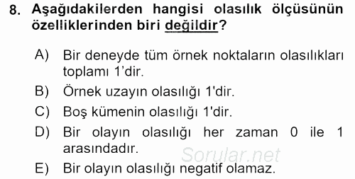 İstatistik 1 2016 - 2017 3 Ders Sınavı 8.Soru