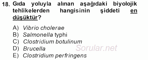 Gıda Güvenliğinin Temel Prensipleri 2013 - 2014 Tek Ders Sınavı 18.Soru
