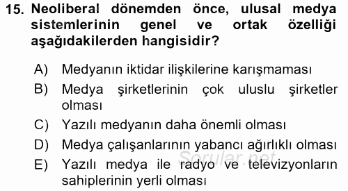Medya Siyaset Kültür 2015 - 2016 Tek Ders Sınavı 15.Soru