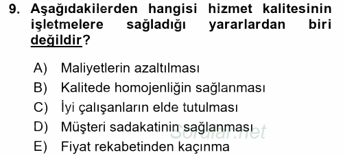 Konaklama Hizmetlerinde Kalite Yönetimi 2017 - 2018 Ara Sınavı 9.Soru