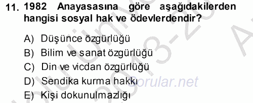İnsan Hakları Ve Kamu Özgürlükleri 2013 - 2014 Ara Sınavı 11.Soru