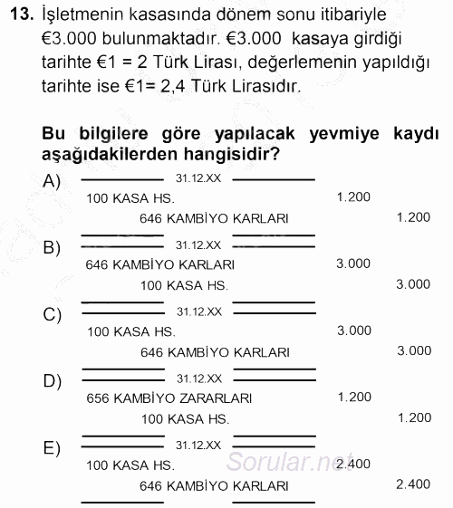 Envanter ve Bilanço 2012 - 2013 Ara Sınavı 13.Soru