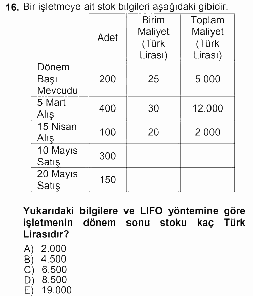 Envanter ve Bilanço 2012 - 2013 Ara Sınavı 16.Soru