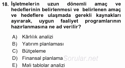 Genel İşletme 2017 - 2018 Dönem Sonu Sınavı 18.Soru
