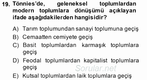 Toplumsal Yaşamda Aile 2014 - 2015 Tek Ders Sınavı 19.Soru