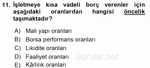 Muhasebe Denetimi ve Mali Analiz 2017 - 2018 3 Ders Sınavı 11.Soru