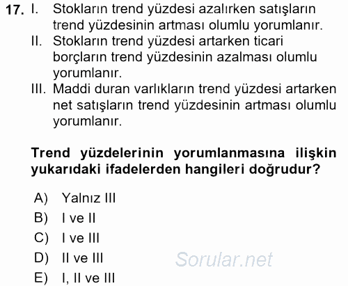 Muhasebe Denetimi ve Mali Analiz 2017 - 2018 3 Ders Sınavı 17.Soru