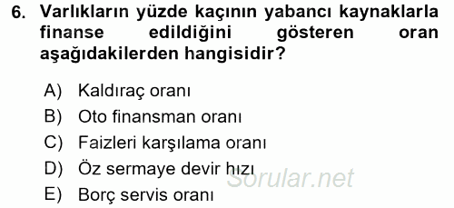 Muhasebe Denetimi ve Mali Analiz 2017 - 2018 3 Ders Sınavı 6.Soru