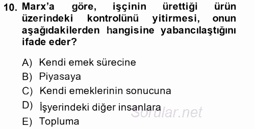 Çalışma Sosyolojisi 2014 - 2015 Ara Sınavı 10.Soru