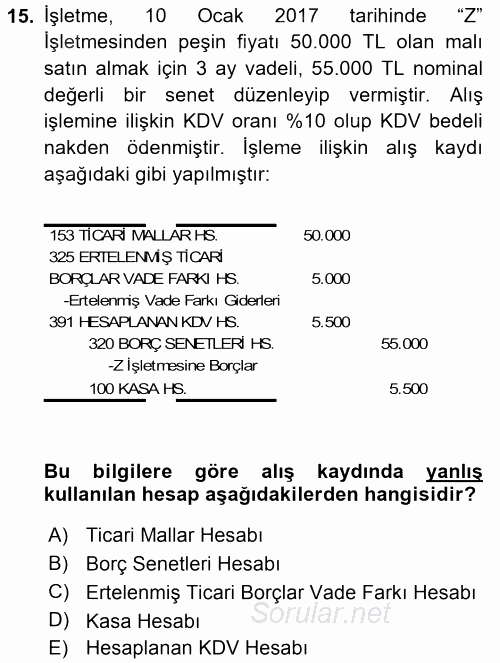 Genel Muhasebe 2 2017 - 2018 Ara Sınavı 15.Soru