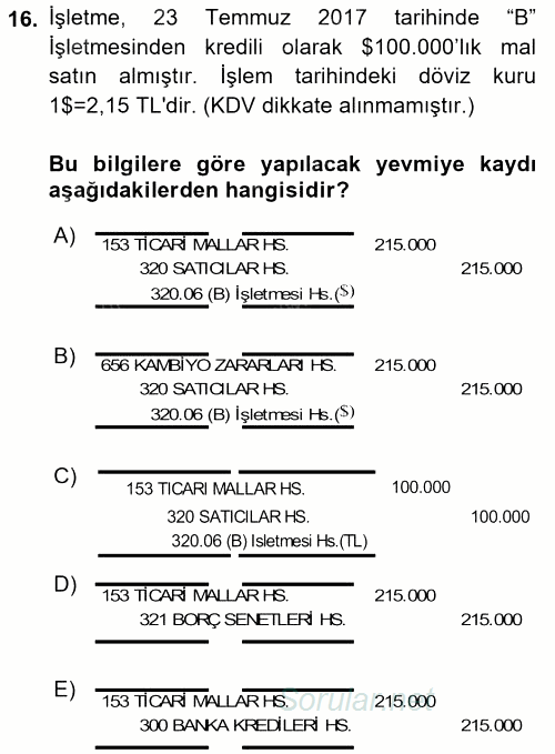 Genel Muhasebe 2 2017 - 2018 Ara Sınavı 16.Soru