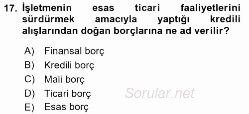 Genel Muhasebe 2 2017 - 2018 Ara Sınavı 17.Soru