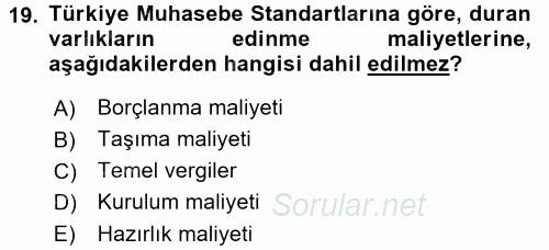 Genel Muhasebe 2 2017 - 2018 Ara Sınavı 19.Soru