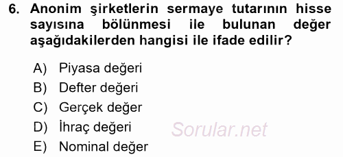 Genel Muhasebe 2 2017 - 2018 Ara Sınavı 6.Soru