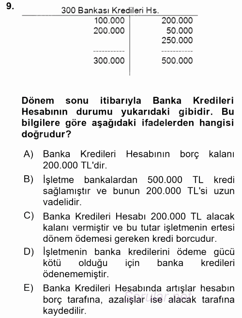 Genel Muhasebe 2 2017 - 2018 Ara Sınavı 9.Soru