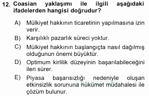 Doğal Kaynaklar ve Çevre Ekonomisi 2015 - 2016 Dönem Sonu Sınavı 12.Soru