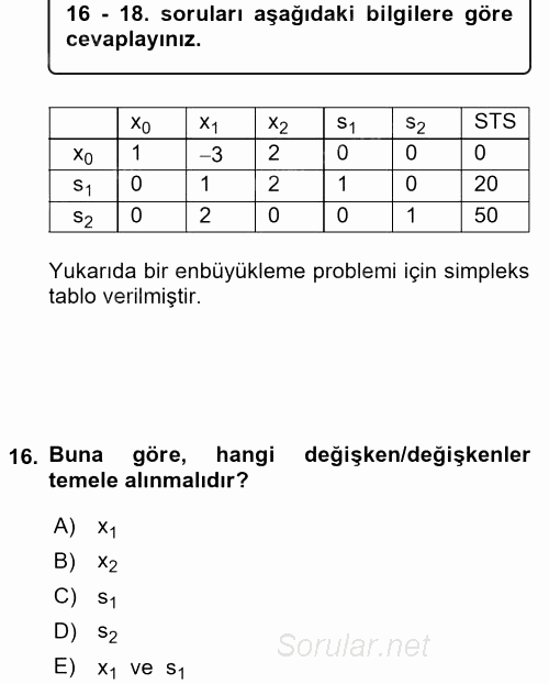 Yöneylem Araştırması 1 2017 - 2018 Ara Sınavı 16.Soru