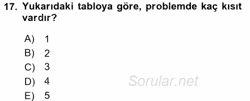 Yöneylem Araştırması 1 2017 - 2018 Ara Sınavı 17.Soru