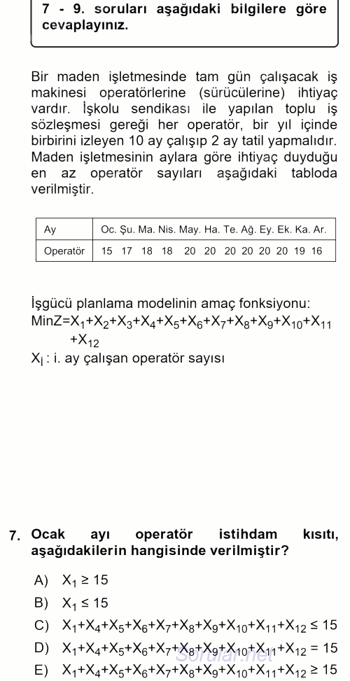 Yöneylem Araştırması 1 2017 - 2018 Ara Sınavı 7.Soru