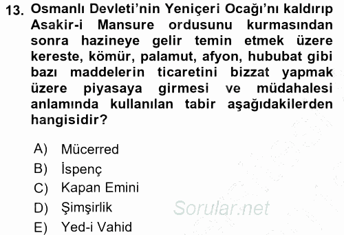 Osmanlı Devleti Yenileşme Hareketleri (1876-1918) 2015 - 2016 Dönem Sonu Sınavı 13.Soru