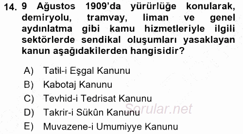 Osmanlı Devleti Yenileşme Hareketleri (1876-1918) 2015 - 2016 Dönem Sonu Sınavı 14.Soru