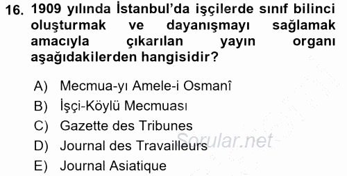 Osmanlı Devleti Yenileşme Hareketleri (1876-1918) 2015 - 2016 Dönem Sonu Sınavı 16.Soru