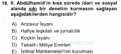Osmanlı Devleti Yenileşme Hareketleri (1876-1918) 2015 - 2016 Dönem Sonu Sınavı 18.Soru
